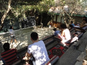 Students look down on lecturer in front of blackboards; sun filters through trees above