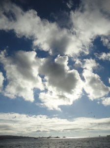 Broken clouds, dark with light edges, the sun being behind them