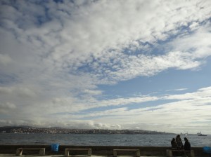 Students in the right foreground, the Bosphorus and a vast sky beyond