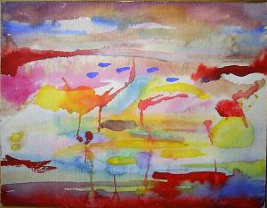 Watercolors brushed or splashed on paper in landscape orientation. Some color patches have hard edges; others bleed