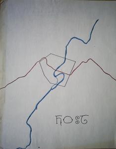 Two wavy lines, one red, one blue, cross in an irregular hexagon delineated in black; “Host” written in Celtic lettering; portrait orientation