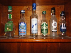 Four ouzo bottles from Lesbos; two rakı bottles from Turkey