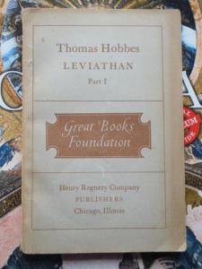 Faded paper book cover, reading: Thomas Hobbes, Leviathan, Part I, Great Books Foundation, Henry Regnery Company, Publishers, Chicago, Illinois