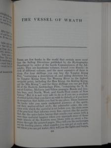 In an open book, the first page of “The Vessel of Wrath”