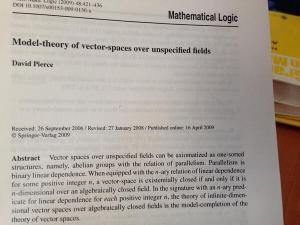 Photo of my paper, &ldquo;Model-theory of vector-spaces over unspecified fields&rdquo;