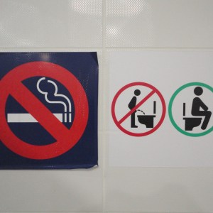 The rules depicted are: no smoking, no urinating into the toilet while standing; yes to sitting on it