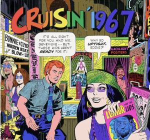 Cruisin’ 1967. In a psychedelic shop, the young man from 1964, now shaven, says, “It’s all right for you and me, Genevieve – but, these kids aren’t ready for it!” With green headband and purple glasses, Genevieve replies, “Why so uptight, Eddie?”