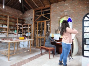 Violinist and pianist practice in ceramics studio, Şirince, January, 2018