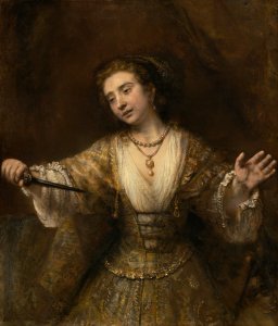 Woman with arms outstretched, left hand with palm up, right hand grasping a dagger pointed towards her breast