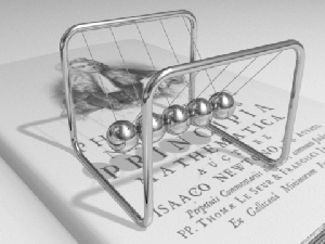 Newton’s Cradle, animated, sitting on a facsimile of Newton’s Principia