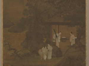 Several figures in a mountain landscape