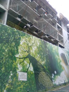 High-rise under construction, the base hidden behind the image of a tree