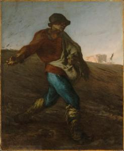 Man in a field, sack over left shoulder, casts seeds with his right hand