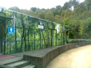 Toilet facility covered with the image of a forest sits in a real forest