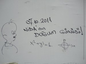 x² + y² = 1 written on a wall next to a drawing of a circle with axes crossing at its center; to the left, a cartoonish man with toothbrush moustache; above, “07.10.2011 / NİDA’nın / Doğum Günüsü!” – Nida’s birthday, except Günüsü is Günü in standard Turkish