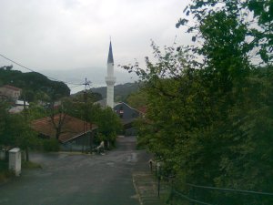 A road slopes down and disappears in a village with a minaret; strait in far distance