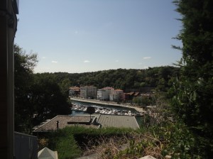 Boats lined up in a marina, boxy white gray buildings on the shore beyond, wooded bluffs behind these, all seen from above, on the other side of a nearly flat roof