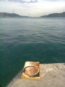 Book showing an enamelled shield on a golden ground sits on concrete at the edge of water; in the distance, a suspension bridge spans the continents