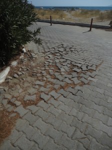At the inner corner of a street, interlocking bricks break out of their pattern