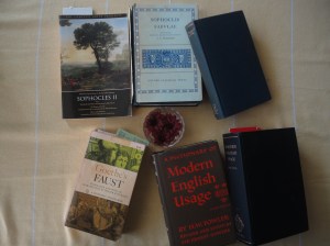 Books referred to here: (1) Sophocles II; (2) Sophoclis Fabulae; (3) Sophocles’ Dramas; (4) Goethe’s Faust; (5) A Dictionary of Modern English Usage, second edition; (6) Modern English Usage. In each row of three, the first book is paperback; the second, hardback with jacket; the third, hardback without jacket, but tilted so the spine can be read