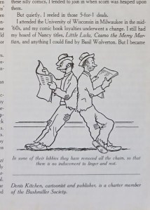 On the lower right corner of a page, a drawing of two men in shabby clothes leaning back to back, reading newspapers. Caption: “In some of their lobbies they have removed all the chairs, so there is no inducement to linger and rest
