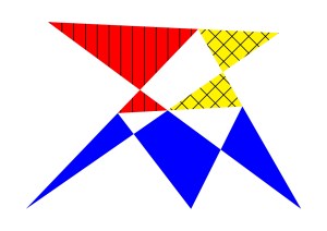 The nine straight lines of the theorem just described are here not drawn as such, but they contain the vertices of all of the polygons that are filled in here.